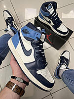 Мужскиие Кроссовки Nike Air Jordan 1. Брендовые кроссовки из кожи белые с голубым для спорта и жизни