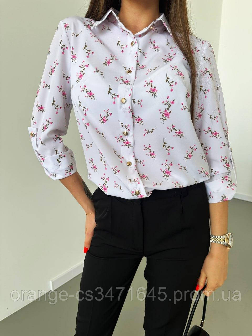 Гарна жіноча біла блузка сорочка софт квітковий принт, жіночі блузки