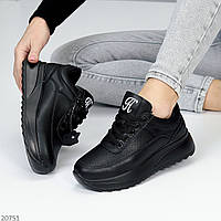 Трендовые черные кожаные женские кроссовки с перфорацией натуральная кожа