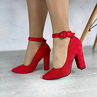 Туфлі жіночі червоні на підборах з ремінцем з острим носком