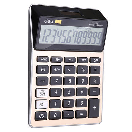 Калькулятор бухгалтерський Deli EM00951 чорно-золотий, 12-розрядний, 176*127*29 мм, кутовий екран, металевий, фото 1