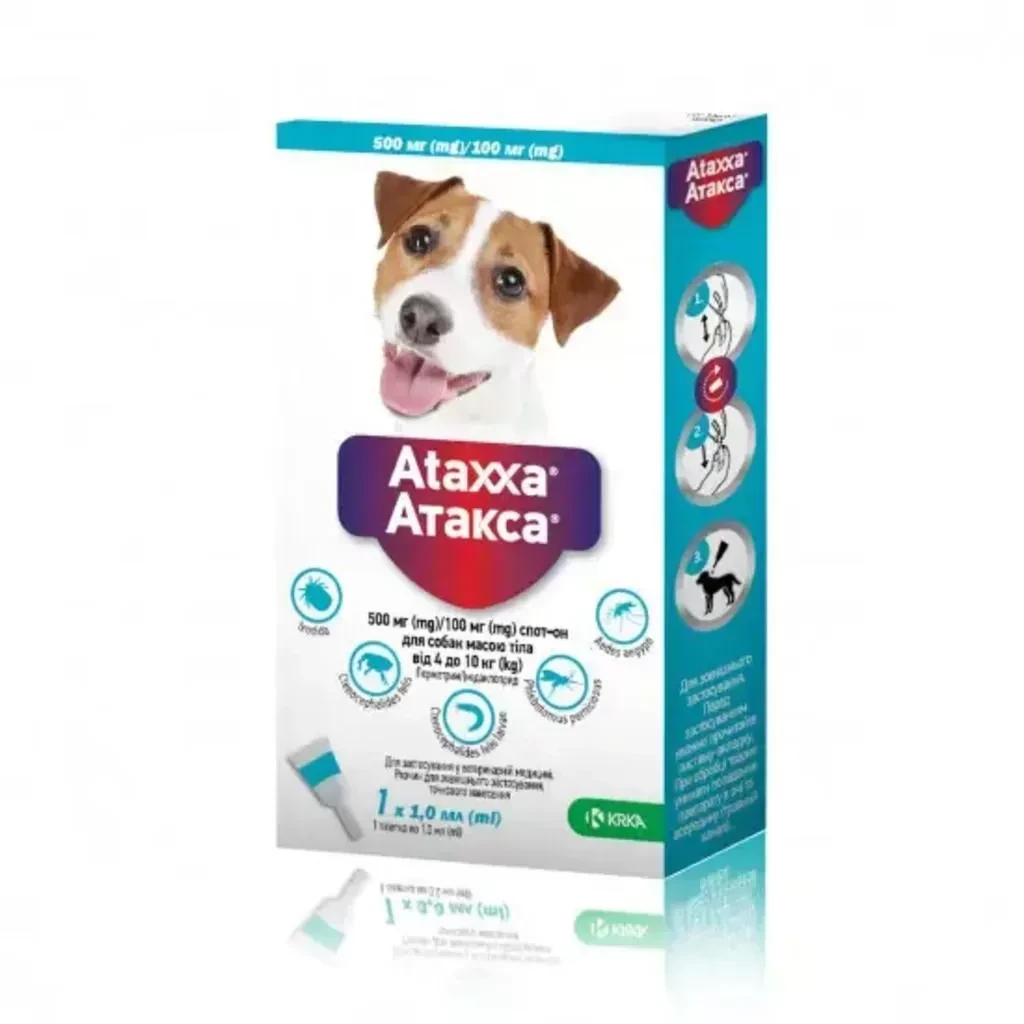 Атакса (Ataxxa) краплі для собак від 4 до 10 кг проти бліх, кліщів, вошей, волосоїдів (1,0 мл 1 піпетка) KRKA