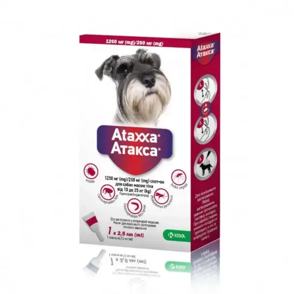 Атакса (Ataxxa) краплі для собак від 10 до 25 кг проти бліх, кліщів, вошей, волосоїдів (2,5 мл 1 піпетка) KRKA