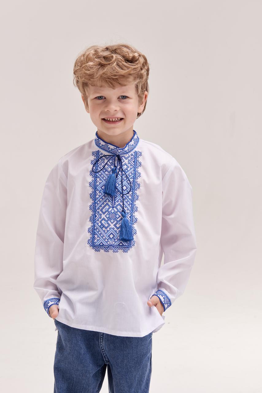Вишиванка для хлопчика "Лука", дитяча біла сорочка з синьою вишивкою, фото 1