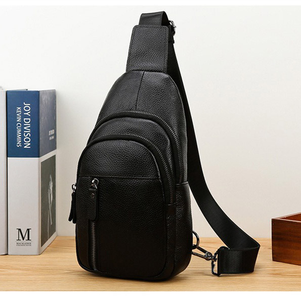 Сумка чоловіча шкіряна нагрудна. Сумка рюкзак на одне плече з натуральної шкіри Чорна, фото 1