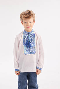 Вишиванка для хлопчика "Устим", дитяча біла сорочка з синім орнаментом