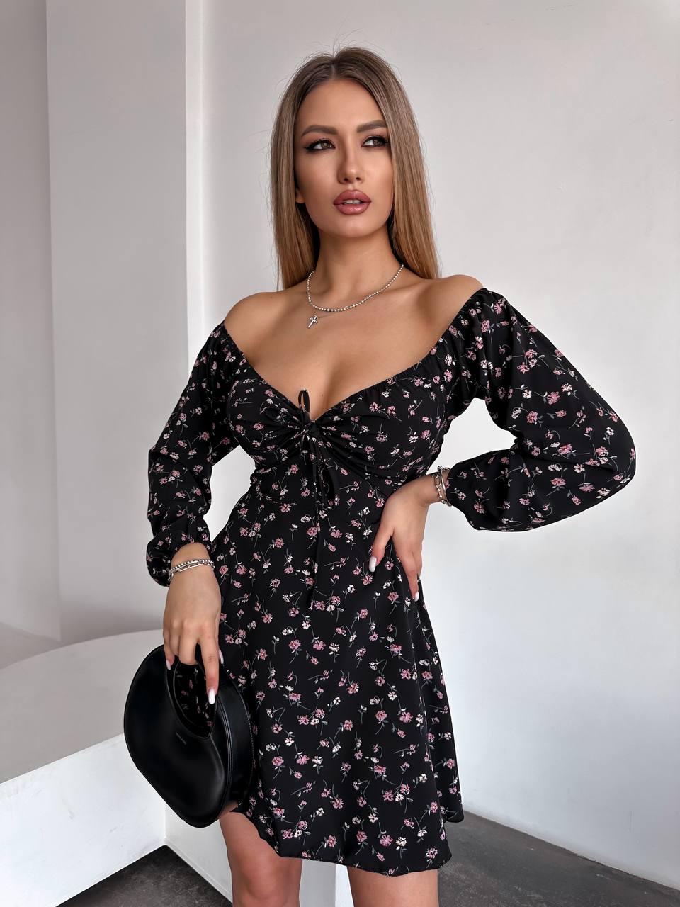 Модна коротка сукня "Скай" у дрібний квітковий принт із довгим рукавом (Onesize 42-46), Чорна