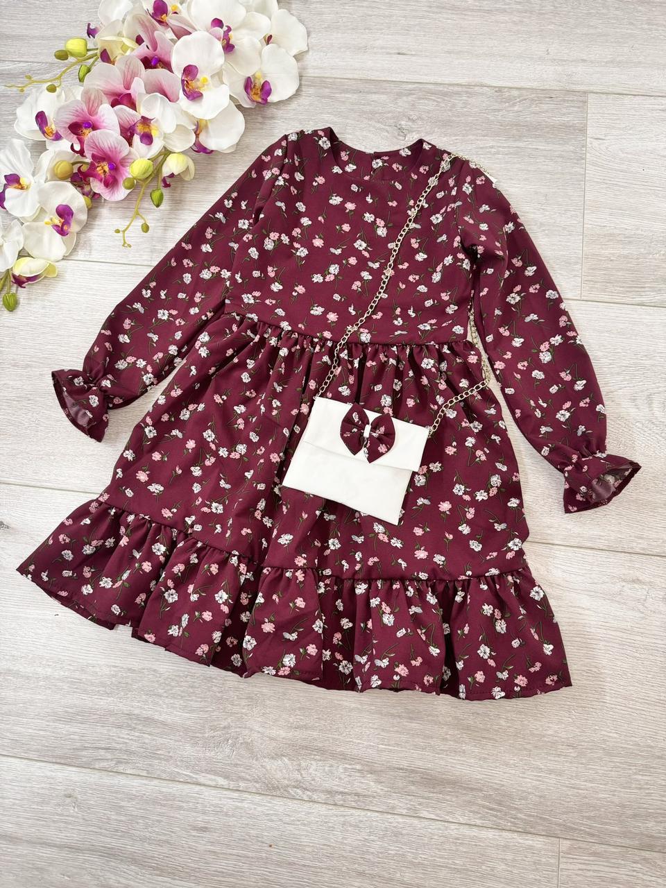 Нарядна дитяча сукня із тканини софт із сумочкою квітковий принт бордова