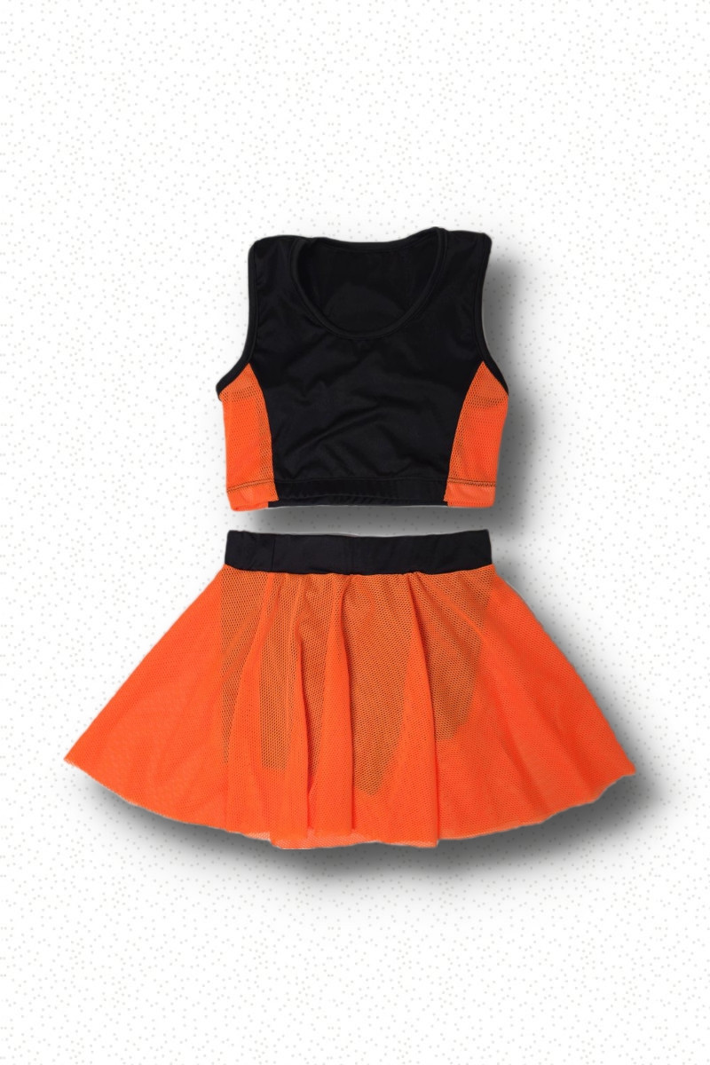 Спортивний дитячий комплект для черлідінгу - майка-топ і шорти з юбкою помаранчовий