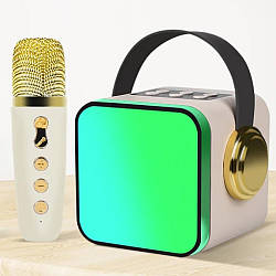 Портативна колонка з мікрофоном, USB, AUX та RGB підсвічуванням, Бежева / Блютуз колонка / Караоке мікрофон
