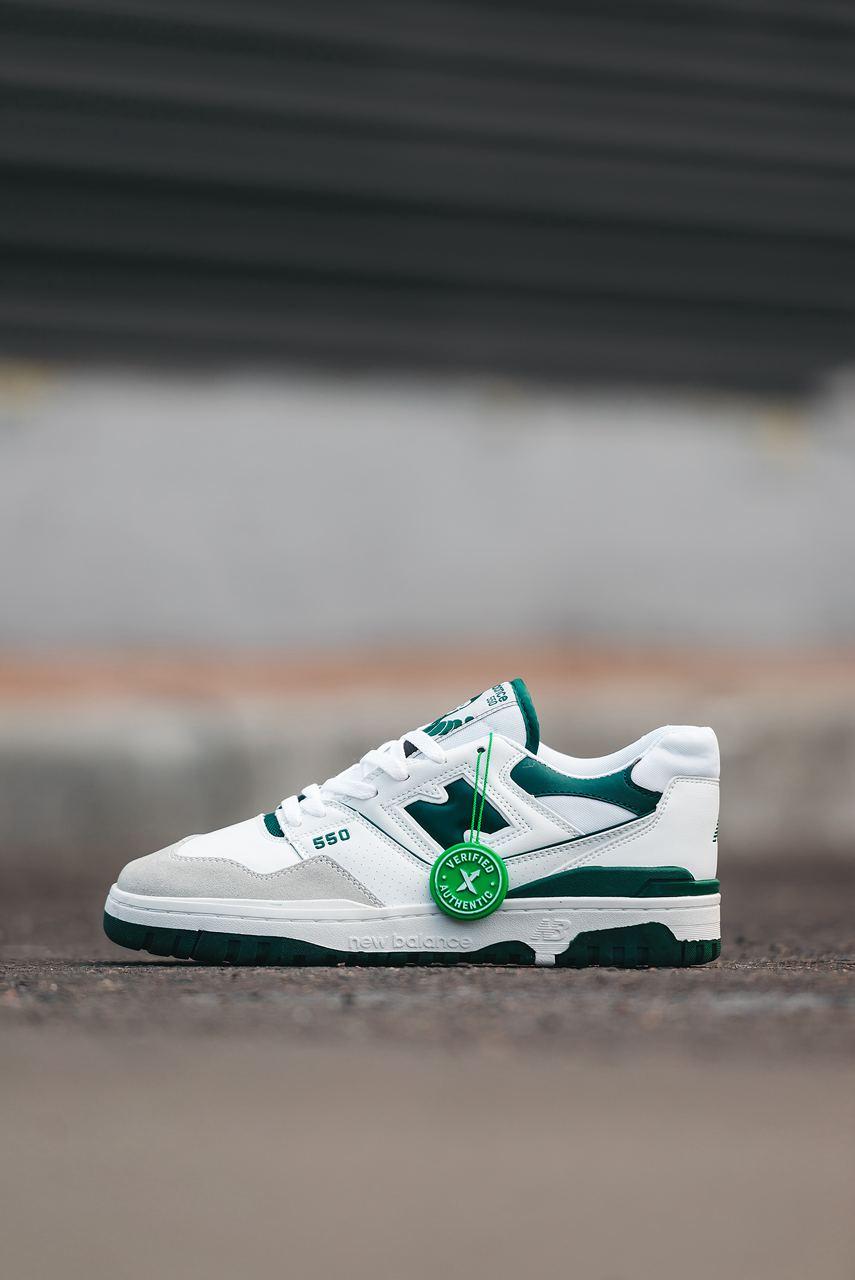 Кросівки New Balance 550 White Green | білі із зеленими акцентами, розміри 36–45