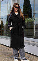 Пальто демисезон премиум-качество турецкий кашемир и вставки из эко-кожи с поясом отложной воротник черное