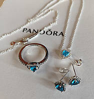 Набір Пандора: Кольє, сережки та Каблучка Блакитне серце Pandora 925 проба Щирі почуття, Кільце кольцо намисто