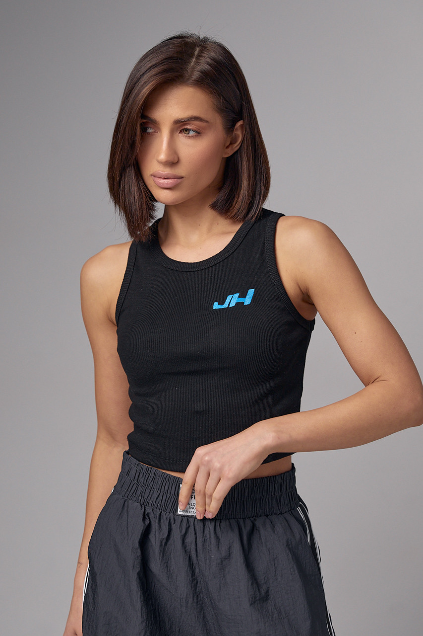 Жіноча майка в рубчик з вишивкою JH - чорний колір. Модель 2961