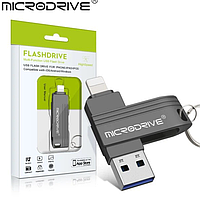 Флешка металлическая 2в1 256ГБ USB-Lightning для Apple iPhone, iPad, компьютера MICRODRIVE A1 256GB Черный