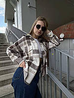 Модная женская клетчатая теплая байковая удлиненная рубашка кашемир в клетку весенняя в стиле оверсайз Мокко, 48/52