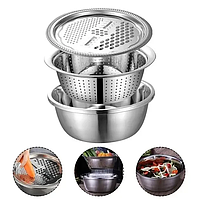 Кухонний набір посуду з миски друшлагу та тертки 3 в 1 Metal Basket Cutter OM227 для нарізання та миття овочів tac