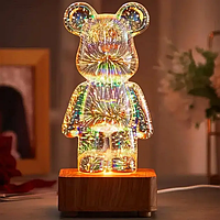 Ночник стеклянный Мишка с фейерверком на деревянной основе, Лампа светодиодная с 8 цветовыми эффектами 5В tac
