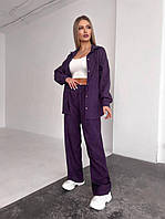 Женский брючный костюм рубашка и прямые брюки фиолетовый