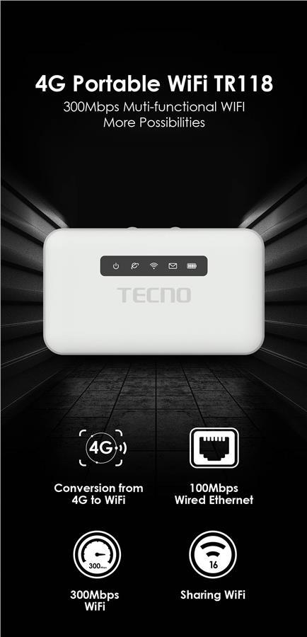 Мобільний маршрутизатор TECNO TR118 LTE, Wi-Fi4, 1xFE LAN, 1xMicroUSB, 2500mAh Білий