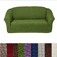 Чехол на диван натяжной без рюш жатка трехместный на резинке, еврочехол без юбки турецкие натяжные Зеленый