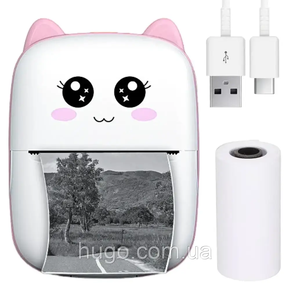 Міні принтер з Bluetooth + рулон термопаперу, Рожевий / Дитячий термопринтер / Фотопринтер портативний, фото 1