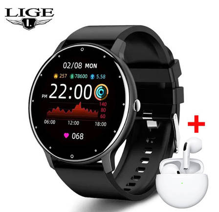Смарт-годинник для чоловіків Smart Watch LIGE + навушники, Full Touch, Amoled, IP67, Android IOS, фото 1