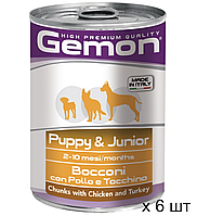 Консерва для собак всех пород Gemon Dog Puppy & Junior кусочки с курицей и индейкой 415 г х 6 шт