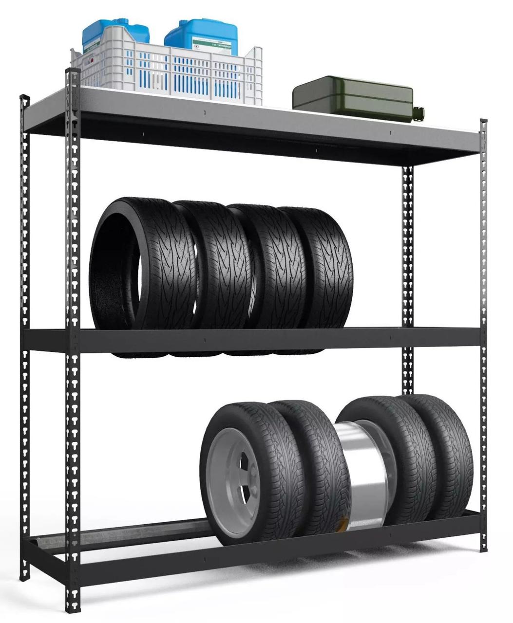 Стелаж для коліс 1680х1800х500 мм, 300 кг на полицю, 2 яруси + 1 полиця ДСП, стелаж для шин, фото 1