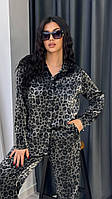 Женский трендовый костюм, штапель-шелк с напылением в леопардовом принте, 50-60, рубашка и брюки