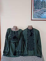 Вишиванки для пари"Соколинний узір" на зеленому натуральному домотканому полотні