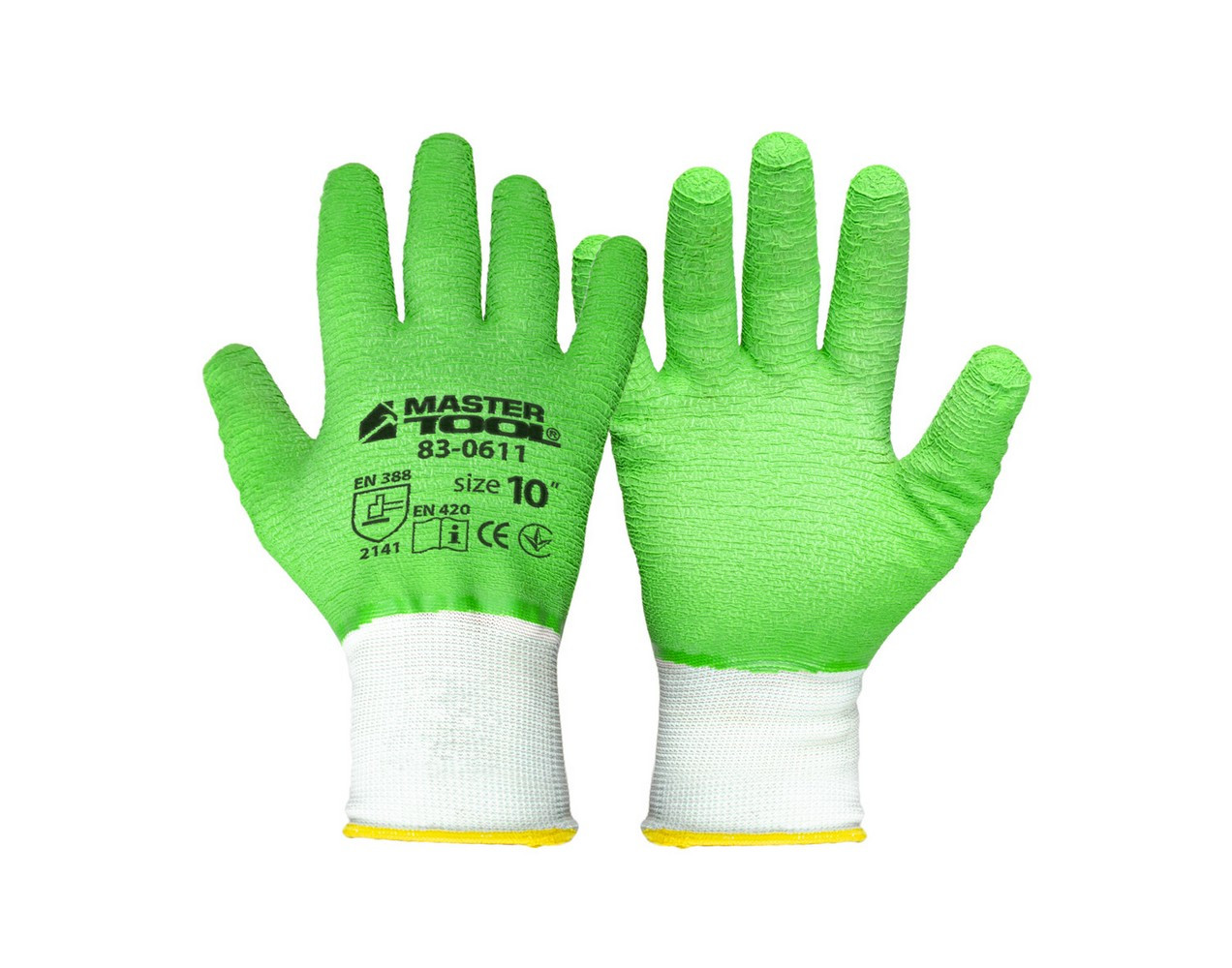 Рукавички трикотажні безшовні MASTERTOOL повне ребристе латексне покриття 10" підвіс зелені 83-0611doz, фото 1