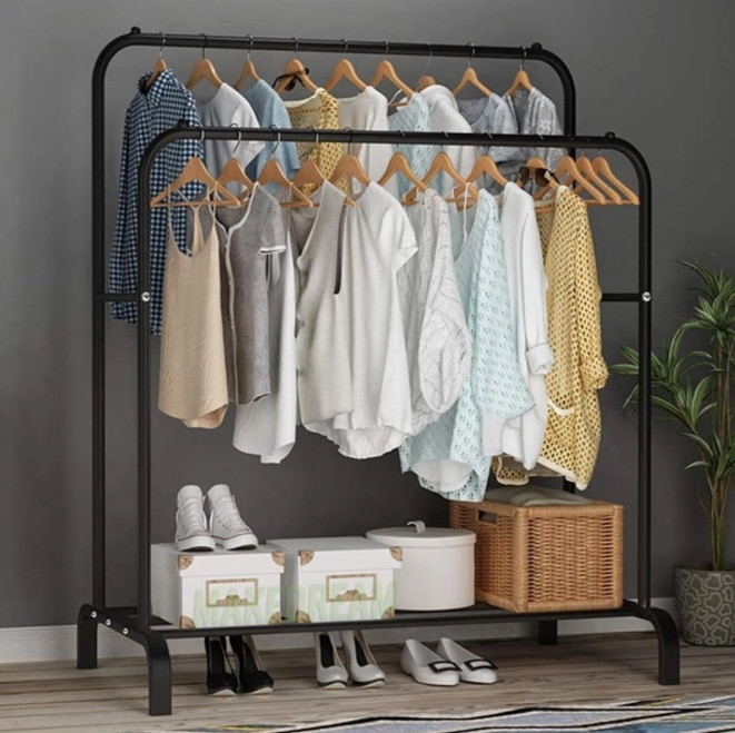 Подвійна стійка вішалка для одягу та взуття Loft Rack сталева підлогова з полицею Black