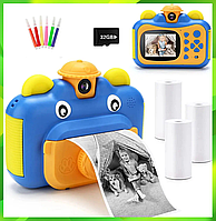 Детская цифровая камера с функцией мгновенной печати синий 12 МП 1080P Детский фотоаппарат с экраном