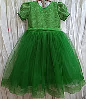 Блестящее зеленое нарядное детское платье с рукавчиком-фонариком на 6-8 лет