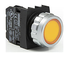 Кнопка натискна кругла (1НО + 1 НЗ) жовта діаметр отвору 30