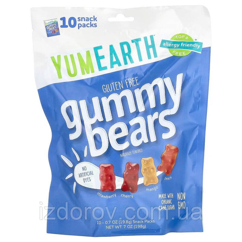 Жувальні ведмедики YumEarth асорті смаків без штучних барвників 10 порційних упаковок 19,8 г у кожній