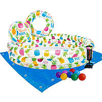 Дитячий надувний басейн Intex 59469-2 «Ананас», 132 х 28 см, з м'ячем та колом, з кульками 10 шт, підстилкою,