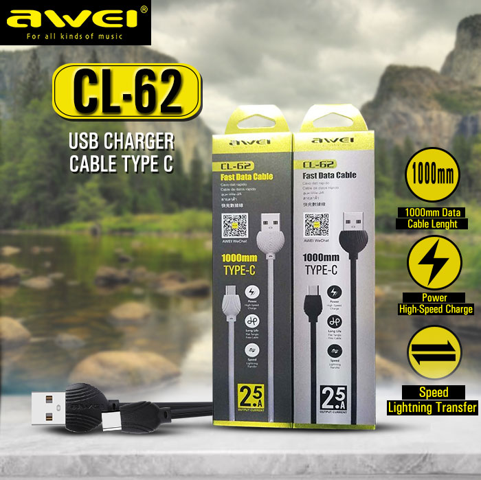 Awei CL-62 2 в 1, 2,5 А, USB-C Type-C, зарядка + передача даних 1000 мм, Кабель для передачі даних