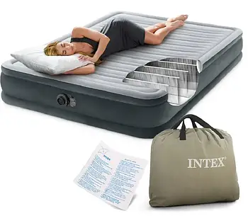 Надувне двоспальне ліжко Intex з вбудованим насосом 220 В забезпечує правильну підтримку тіла під час сну Розміри 152х203х33 см