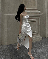 Стильное платье макси на бретельках из плотной атласной ткани с разрезом на ноге 46/48, Белый