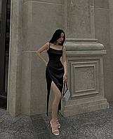 Стильное платье макси на бретельках из плотной атласной ткани с разрезом на ноге 42/44, Черный