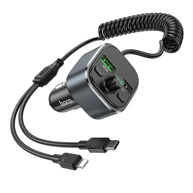 АЗУ FM модулятор Hoco E74 Energy QC3.0 Metal grey Модулятор 2в1 з кабелем Швидка зарядка Потужний адаптер