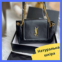 Женская мини сумка натуральная кожа YSL Premium Клатч черный брендовый с цепочкой через плечо подарок девушке