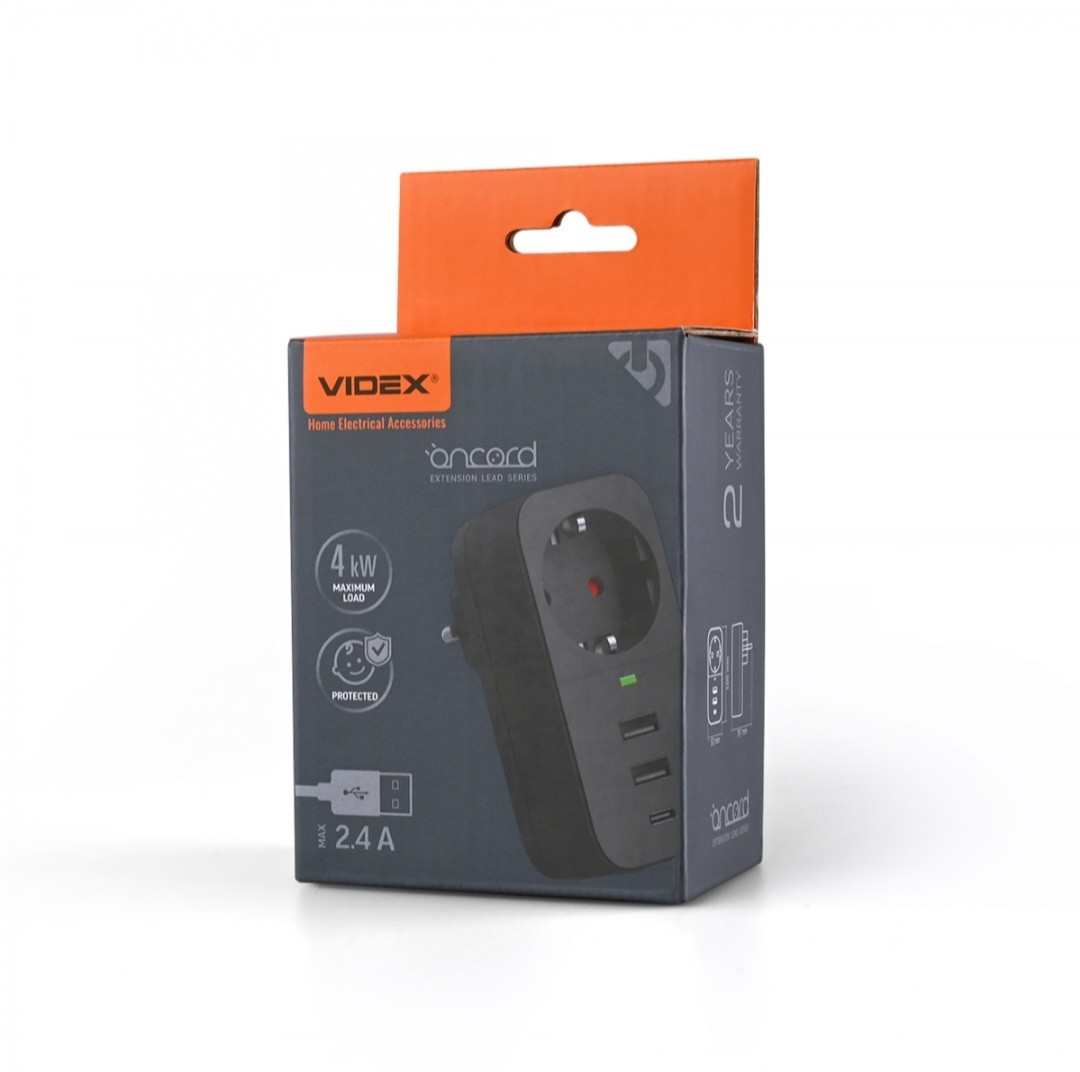 Мережевий адаптер VIDEX ONCORD з/з 1п 2.4A 2USB+USB-C Black - фото 1 - id-p2140949426