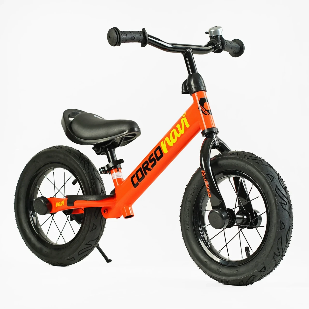 Дитячий біговел 12 дюймів Corso Navi NV-12938 Жовтогарячий, надувні колеса, підніжка, підставка для ніг, велобіг