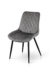 Стильний велюровий кухонний м'який сірий стілець на кухню з чорними металевими ніжками Корфу