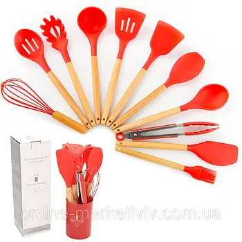 Набір кухонного приладдя 12шт Kitchen Set, Червоний / Кухонний набір силіконовий з підставкою