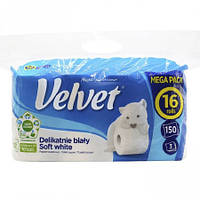 Туалетная бумага Velvet Soft White трехслойная 16 рулонів 150 відривів