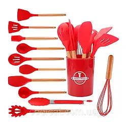 Набір кухонного приладдя 12 предметів, Kitchen Set, із силікону + підставка, Червоний / Кухонний комплект